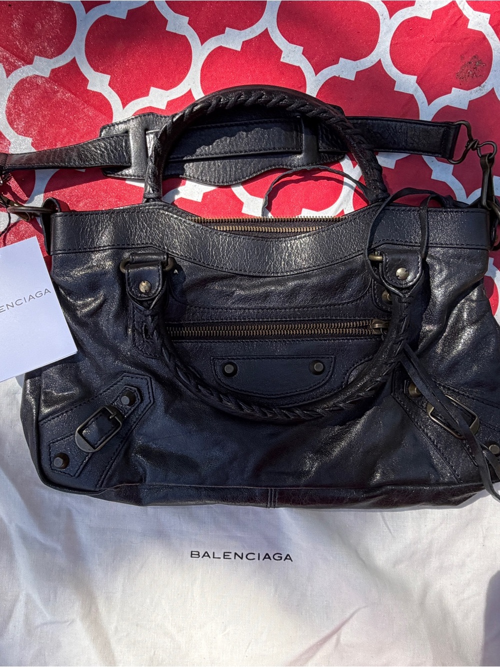 Balenciaga Black Leather Shoulder Bag with Braided Top Handles and Zip Front